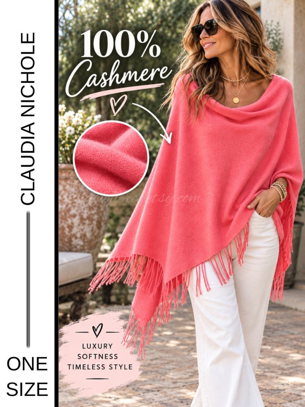 MSRP $135✨Claudia Nichole 100% Cashmere Coral Pink Fringe Poncho Wrap One Size✨